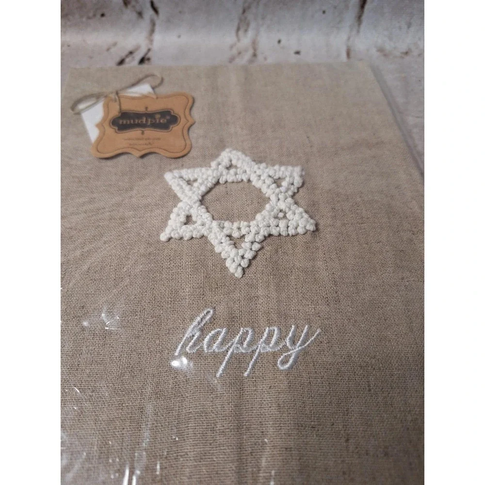 Mud Pie Hebrew Star of David Happy Linen Hand Towel Tan Hanukkah‎ Jewish Decor